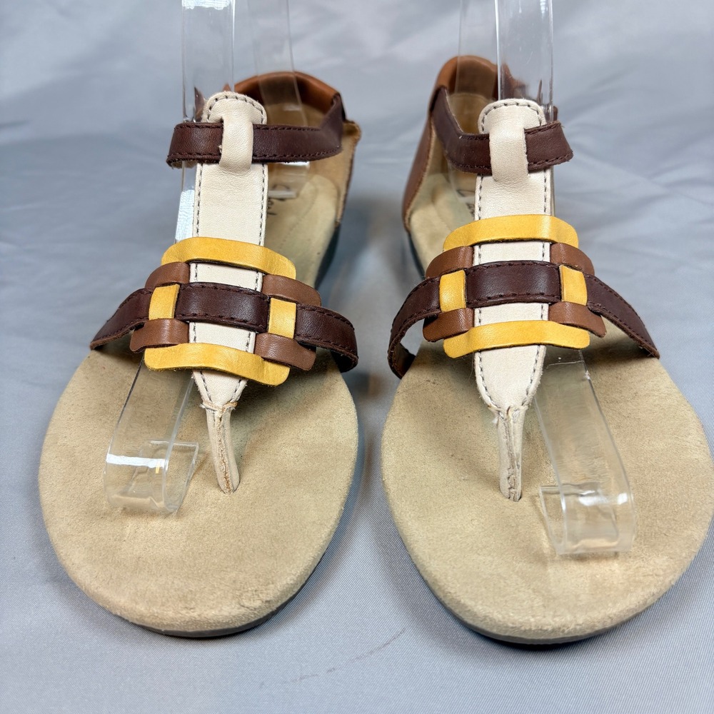Clarks Womens Qwin Adonia 7.5 Brown Yellow Leather T Strap Gladiator Sandals - Picture 9 of 10